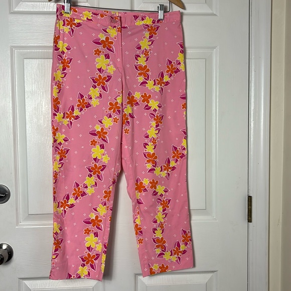 Vintage LILLY PULITZER Pink ankle cropped pants floral print bi-stretch size 10 - Picture 1 of 11